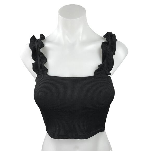 Zara Tops - Zara Black Ribbed Knit Square Neck Ruffle Strap Sleeveless Tank Crop Top Size S